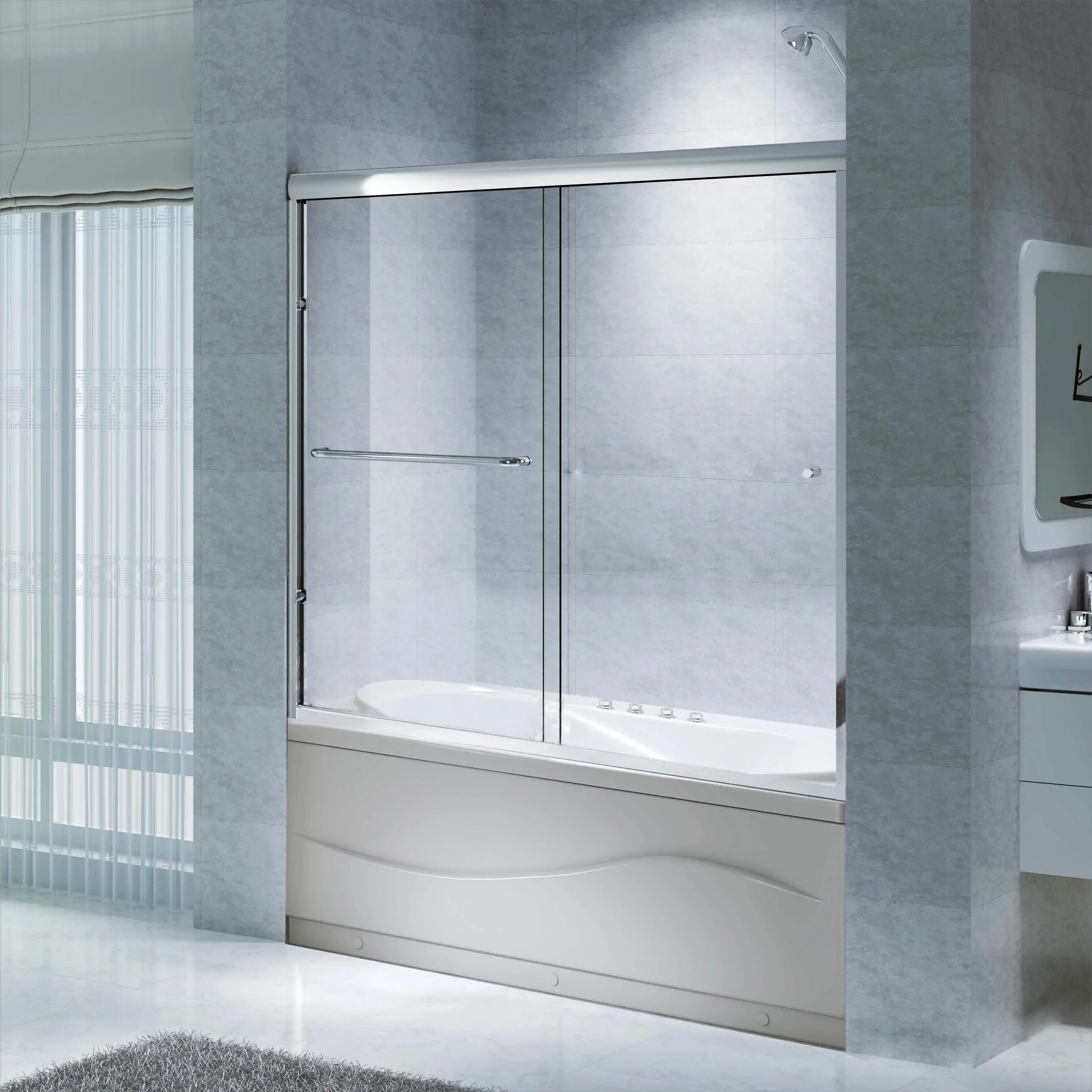SUNNY SHOWER Semi-Frameless Bypass Sliding Bathtub Door - 60x57 Inches, Brushed Nickel, Clear Tempered Glass